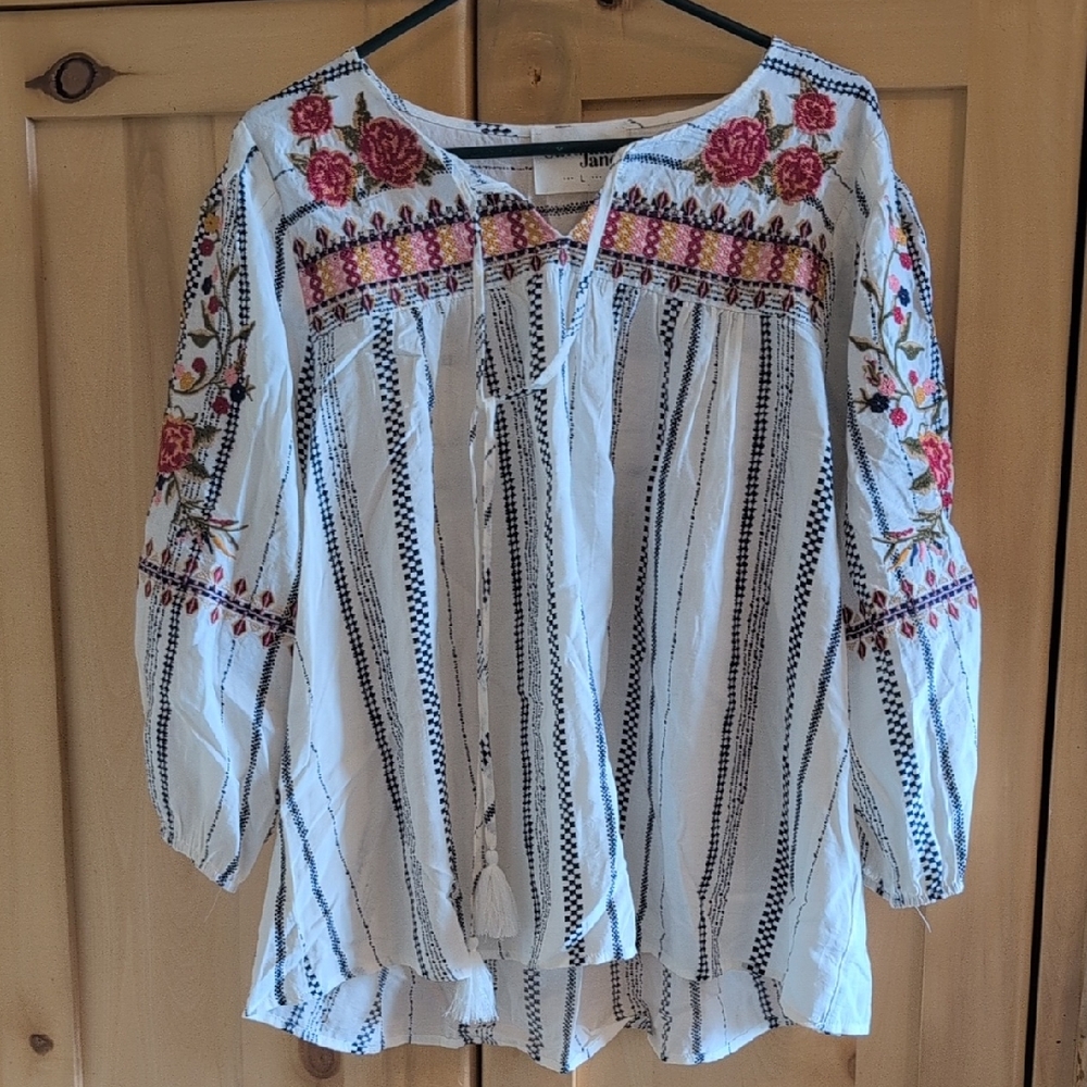 Savanna Jane White Peasant Blouse with Pink Floral Embroidery